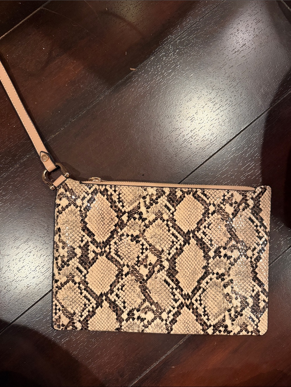 Snake-Print Wristlet Clutch in Beige and Black